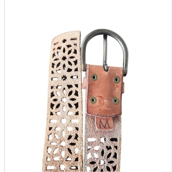 Genuine Leather Floral Cutout Belt Sz M Boho Chic Raw Edge 90s Vintage Inspired - Picture 6 of 13